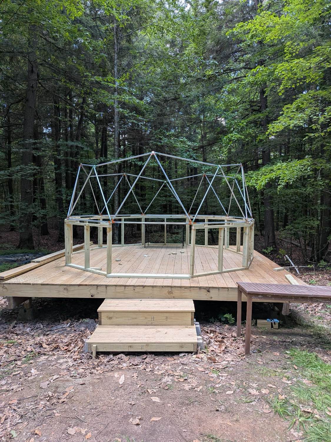 Geodesic dome frame rising on the platform in the woods